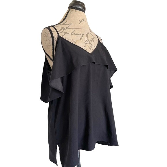 Ann Taylor Blouse Cold Shoulder Ruffle V Neckline Side Slit Black Size Medium - Picture 2 of 12